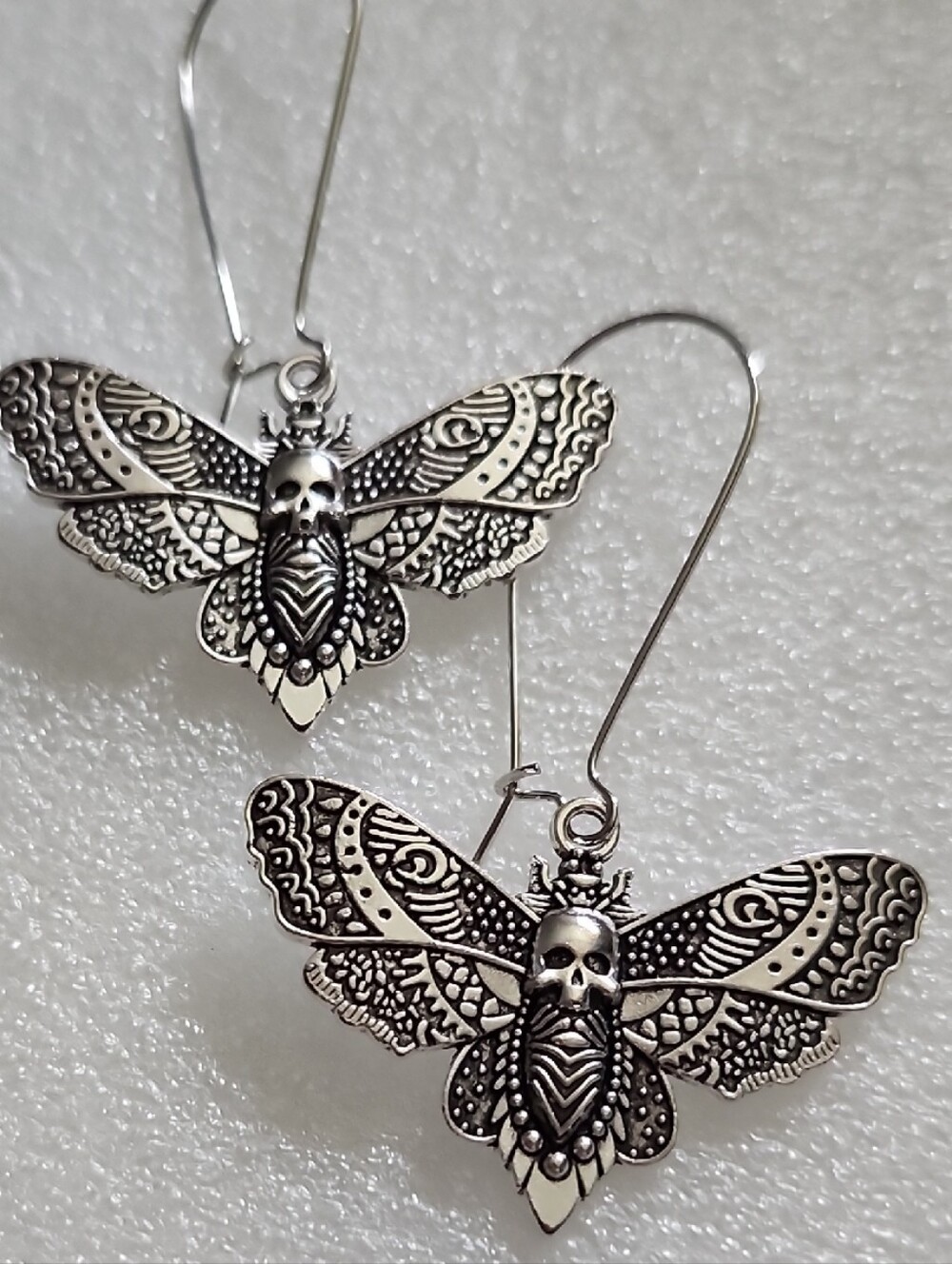 Hand Crafted Silver-Tone Skull Moth Drop Earrings